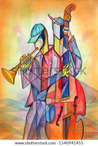 Musicians jazz playing portrait  . Cubism illustration                                        