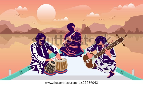 Musicians playing Indian\
classical music in a river boat WITH SUNSET BACKGROUND\
ILLUSTRATION