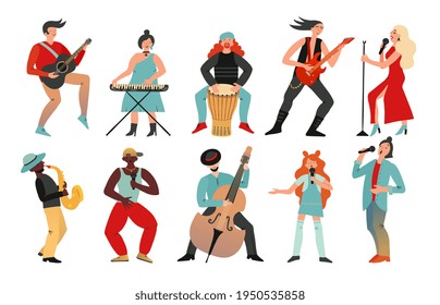 Musicians. Rock band, pop musician. Music instruments guitarists drummers, singers artists with microphones, cartoon characters set - Powered by Shutterstock