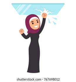 Muslim Business Woman Breaking Glass Ceiling. Cartoon Character Illustration.
