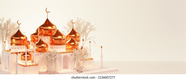 Muslim Community Festival Concept, 3D Mosque Illustration With Trees Against White Background And Copy Space.