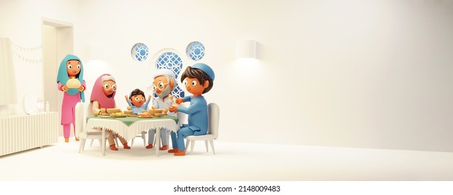 Muslim Community Festival Concept, 3D Style Islamic Family Enjoying Delicious Foods At Dining Table And Copy Space. Social Media Banner Or Header Design. - Powered by Shutterstock