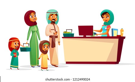 Muslim Family At Checkout Counter Illustration Of Saudi Arabian Man And Woman In Khaliji, Hijab With Children And Supermarket Shopping Baskets. Muslim Cashier Scanning Purchase Barcode