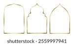 Muslim golden frames set. Islamic window or door arch, Mosque gate shape. Ramadan Kareem design elements in Arabic style. Watercolor hand drawn isolated illustration for Muslim holiday Eid Mubarak