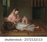 Muslim Lady Reclining. Original public domain image from Yale Center for British Art. Vintage woman illustration. Vintage woman art drawing illustration, woman lady, beautiful portrait.