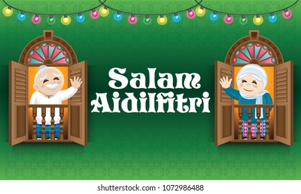 Muslim Old Man And Woman Standing On A Malay Style Window, Celebrating Raya Festival, With Malay Style Pattern Background.  The Words 