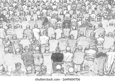 Muslim Prayer. A Group Of Muslim Men Pray Inside A Mosque. Islam Religion. Monochrome Sketch Drawing Effect