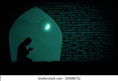 Muslim Praying At Night Under The Moon