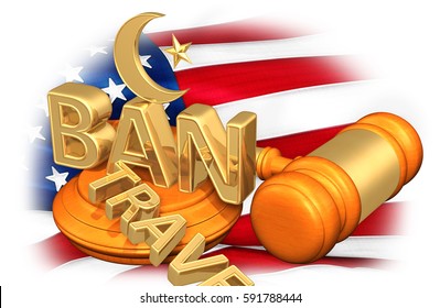 Muslim Symbol On The Word Ban With The Word Travel Cast Aside Legal Concept 3D Illustration