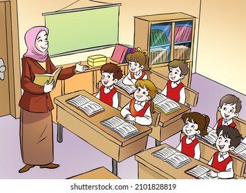 muslim teacher and students are teaching in the classroom