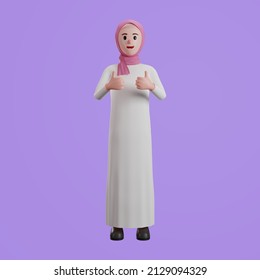 Muslim woman giving thumbs up sign. 3D Character Illustration.