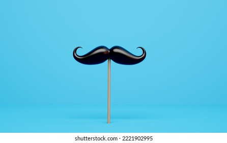 Mustache facial hair on a wooden stick against a blue background. 3D Rendering. 3D Illustration - Powered by Shutterstock