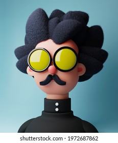 Mustache and long hair 3d character with glasses.