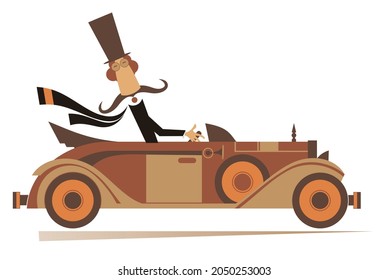 Mustache Man In The Top Hat Drives A Retro Car Illustration. Cartoon Long Mustache Man In The Top Hat Drives An Old Styled Cabriolet Isolated On White