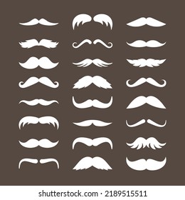 Mustache Set. Stylish Look Mustache Curly White Horseshoe Imperial Pencil Retro Pyramid Italian Narrow French, Walrus Brush, Male Design Hipster Modern Fashion. Clipart.