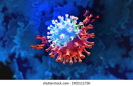 Mutating Virus Concept And New Coronavirus Variant Outbreak Or Covid-19 Viral Cell Mutation And Influenza Background As Dangerous Flu Strain Medical Health Risk With Disease Cells As A 3D Render.