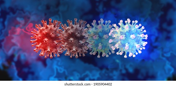 Mutationliches Viruskonzept und neuer Coronavirus b.1.1.7 Variantenausbruch oder covid-19 Viruszellmutation und Grippehintergrund als gefährlicher Grippestamm mit Krankheitszellen als 3D-Rendering.