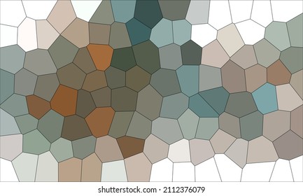 Muted Gray Turquoise Khaki Polygons Organized In White Empty Cells In Balanced Pattern. Stylish Geometric Texture Or Background. Patchwork Inspired. Great As Print, Wallpaper, Decoration Or Cover. 