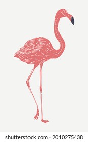 Muted Red Flamingo Linocut In Cute Illustration