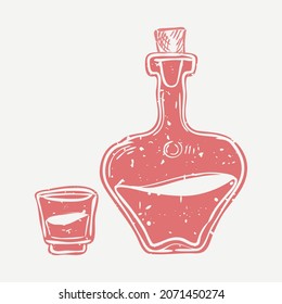 Muted Red Liquor Linocut In Cute Illustration