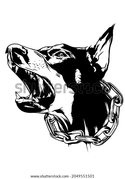 the muzzle of a black Doberman wearing a collar with metal spikes