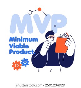 MVP vector illustration of young man. Man is reading a book. Flat concept design of minimum viable product. Minimum viable product. Minimal valuable product.