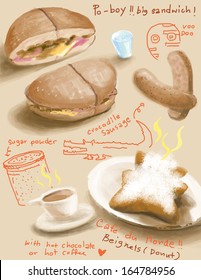 My Illustration From Trip To New Orleans, Louisiana, United States. All The Famous Food And Desserts. 