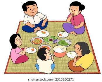 A Myanmar family enjoying a meal while sitting on a mat - Powered by Shutterstock