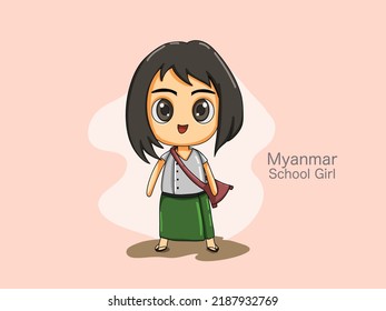 Myanmar School Girl Illustration . Myanmar Girl