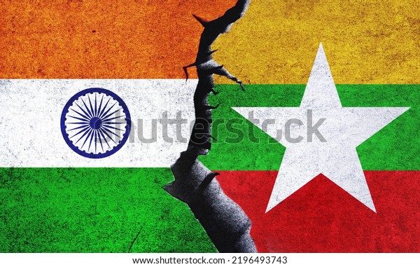 Myanmar vs India flags on a wall with a crack.\
India and Myanmar relation. India and Myanmar conflict, war crisis,\
relation, economy, trade\
concept