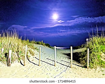 Myrtle Beach Entrance At Night During A Full Moon