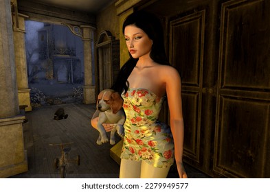 Mysterious Beauty with Canine Companion - Young woman with dog in front of haunted house. Eerie background adds to suspense. Perfect for those who appreciate beauty and mystery. - Powered by Shutterstock