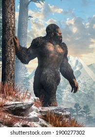 The Mysterious Bigfoot, A Creature Of Folklore And Legend, And The Most Popular Cryptid Of North America, Walks Among The Snow Covered Rocky Mountains. 3D Rendering