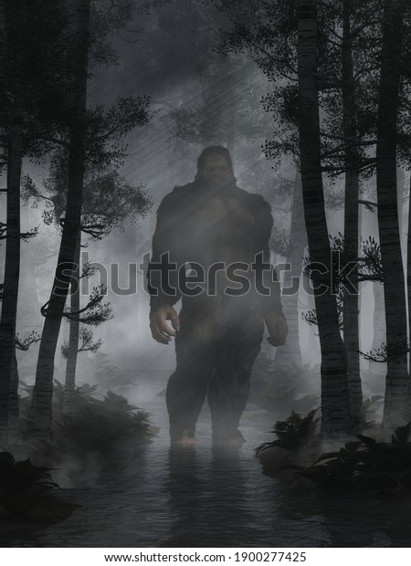The mysterious bigfoot, a\
creature of folklore and legend, and the most popular cryptid of\
North America, stands in a shallow creek in the woods at night. 3D\
Rendering