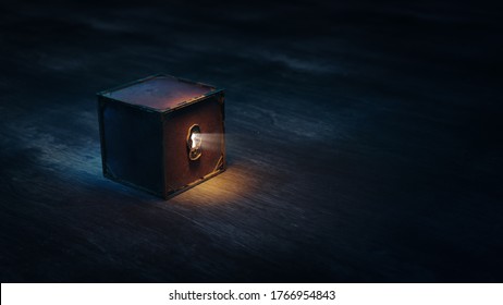 Mysterious Box With Keyhole On A Dark Background. (3D Rendering, Illustration)