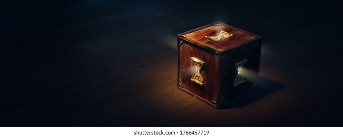 mysterious box with keyholes on a dark background. (3D Rendering, illustration)