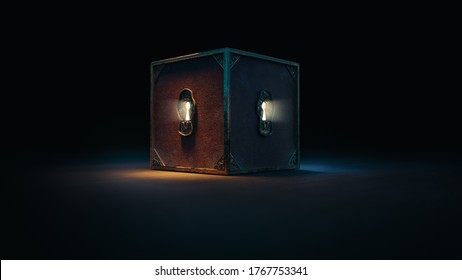 Mysterious Box With Keyholes On A Dark Background. (3D Rendering, Illustration)