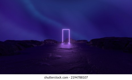 Mysterious Cosmic Landscape With Rocks And Neon Purple Square Frame. Abstract Sci Fi Geometric Background. Futuristic Concept. Virtual Reality. Showcase Scene For Product Presentation. 3d Render