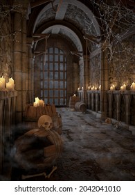 A mysterious dark dungeon with mist, candles, and skulls. 3D Illustration. 
