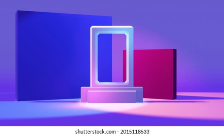 A Mysterious Doorway With Geometrical Forms Behind It Lit By Beautiful Blue And Pink Light. 3d Render.