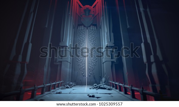 Mysterious dungeon with opening gates in blue\
tones. Entrance to the treasury. Above the high gate is a sculpture\
of a bird. At the gate lie skulls, shields and swords on a stone\
bridge. 3D\
rendering.