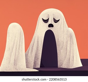 Mysterious Flat Halloween Animated Ghost Costume Textured Graphic Design.