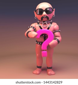 Mysterious Gay Leather Fetish Man Holds A Pink Question Mark, 3d Illustration Render