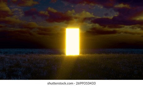Mysterious glowing rectangular doorway stands in the middle of a grass field, emitting a bright light under a dramatic sunset sky, creating a surreal and otherworldly atmosphere