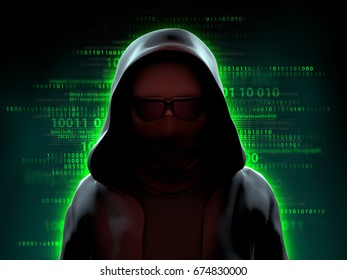 Mysterious hacker standing over a code background. 3D illustration.