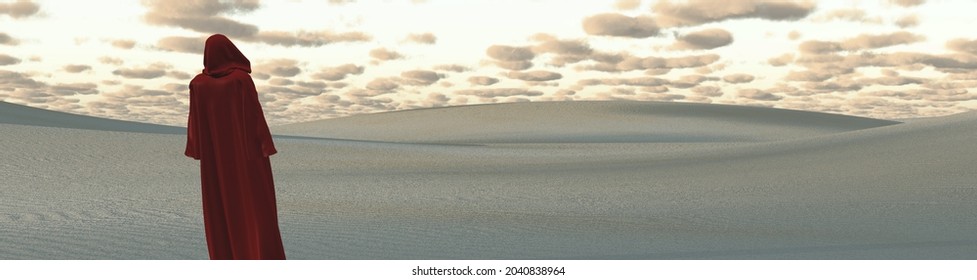 Mysterious hooded figure in desert landscape. 3D rendering
