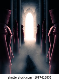 Mysterious hooded figure walking through an ancient castle full of red hooded statues towards a large open door where a bright white light shines through