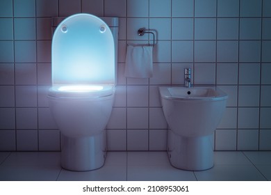 Mysterious Light From Toilet Bowl At Night. Scary Halloween Bathroom Concept. 3d Illustration