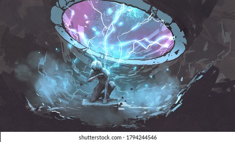 a mysterious man sitting under the futuristic portal, digital art style, illustration painting