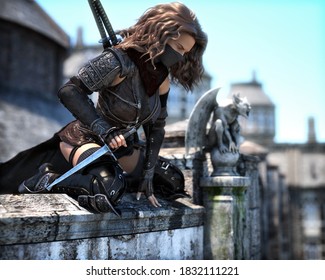 Mysterious Masked Rogue Assassin Female In Position High On The Rooftops Looking Down On Her Marked Target . Fantasy 3d Rendering